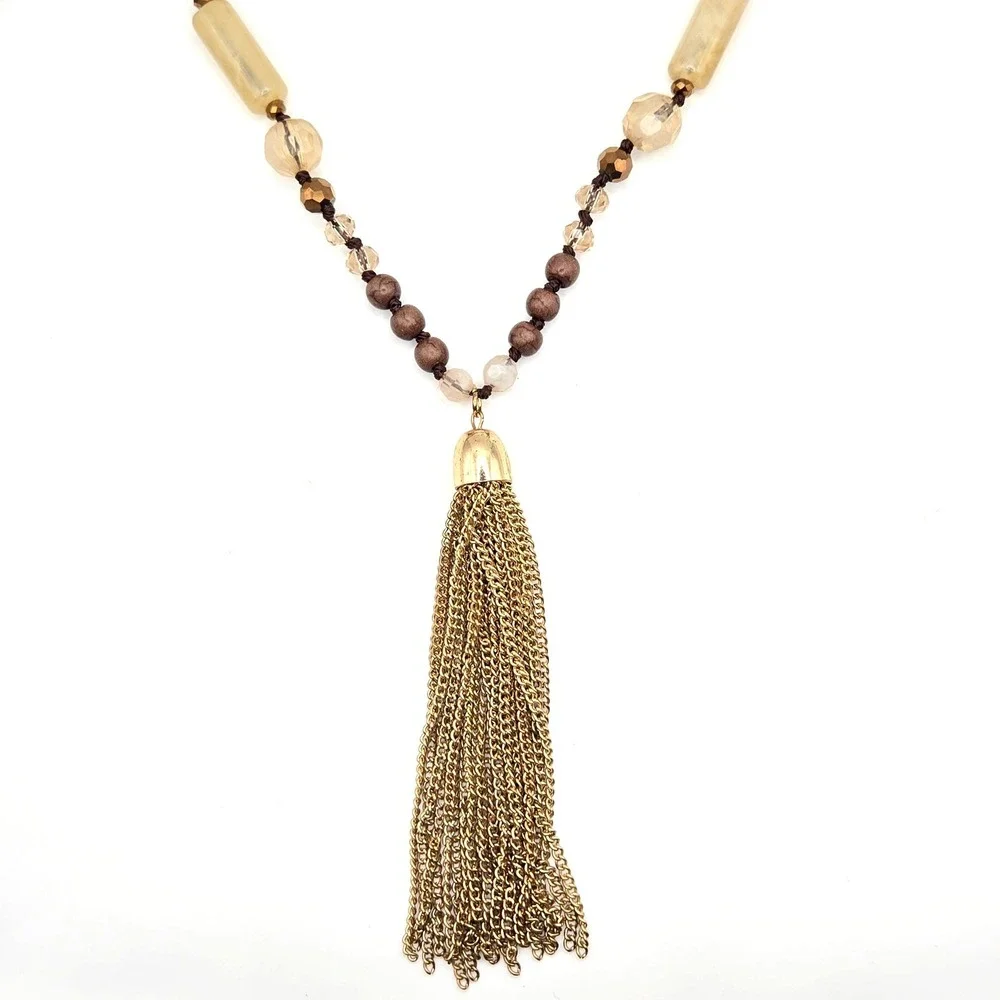 Boho‎ Beaded Tassel Necklace Earthy Mixed Media Hand Knotted Gold Tone Chain